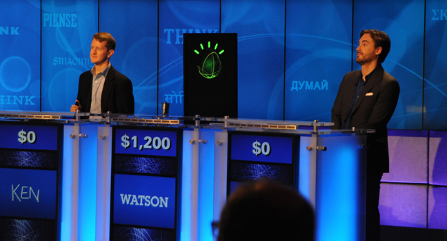 IBM:n Watson-supertietokone päihittää ihmiskilpailijansa Jeopardy-tietovisassa. Kuva: IBM 